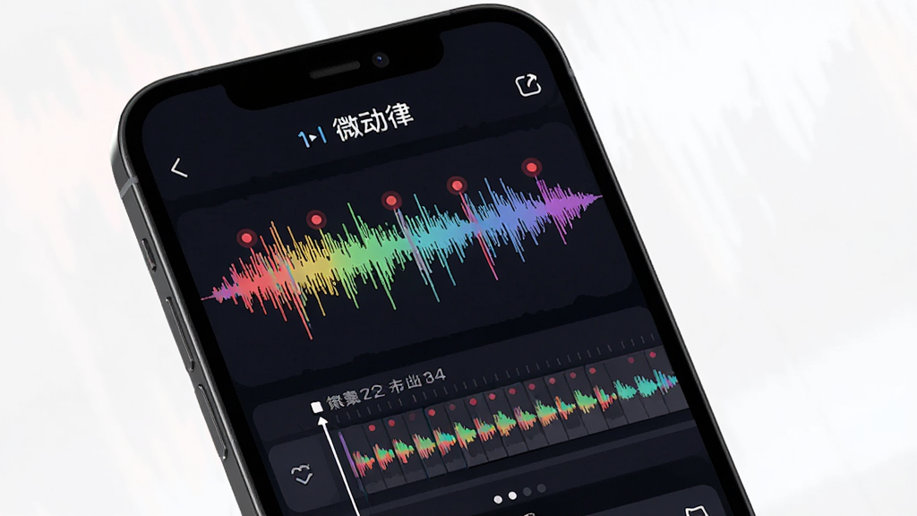 手机屏幕显示微动律的节奏识别界面,画面中有一条彩色的音频波形,波形上标注着红色的节拍点,下方是自动生成的关键帧轨道,背景为深色,界面风格科技感强,排版清晰,文字标注“微动律”,画质干净无多余元素