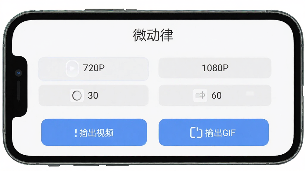 微动律导出设置界面,手机屏幕显示分辨率选项720P和1080P、帧率选项30帧和60帧,下方有导出视频和导出GIF两个按钮,界面简洁明了,顶部有“微动律”文字标识,风格扁平化,画质干净