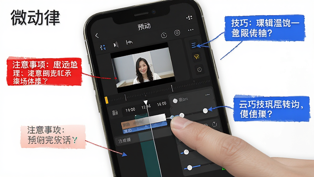 微动律编辑界面操作示意图,手机屏幕显示时间轴、预览窗口和参数调节面板,手指正在拖动关键帧,界面中有红色标注的注意事项文字和蓝色标注的技巧提示,整体风格清晰直观,文字“微动律”位于顶部,画质干净