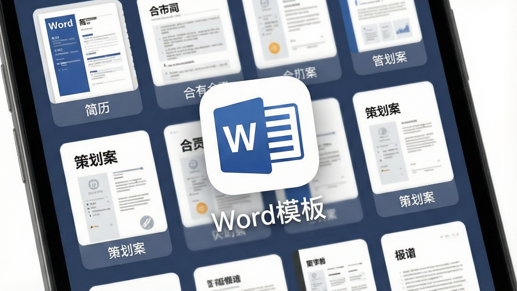 一张手机屏幕展示Word模板应用主界面的图片,画面中央是应用图标和名称“Word模板”,背景是整齐排列的文档模板缩略图,包含简历、合同、策划案等类别标签,布局采用网格卡片式排版,风格简洁现代扁平化,细节圆润清晰,画质干净明亮无多余元素