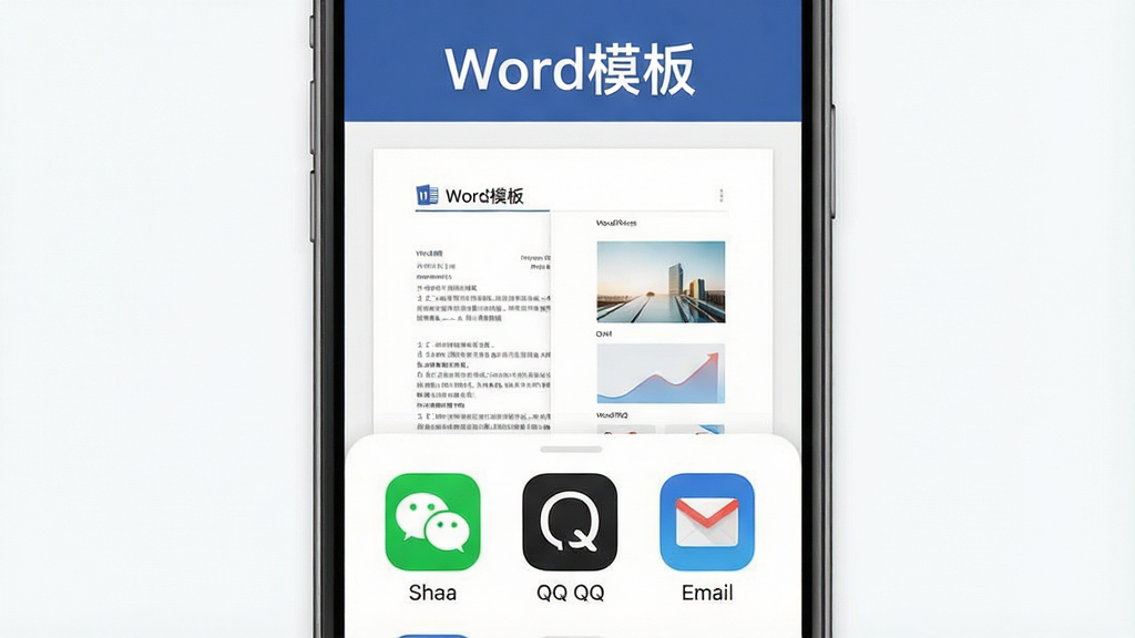 一张展示Word模板应用导出分享功能的图片,画面中手机屏幕显示文档预览界面,底部弹出分享菜单包含微信、QQ、邮件等图标,顶部有“Word模板”字样,界面干净整洁,图标设计圆润,风格现代扁平,画质清晰无多余元素