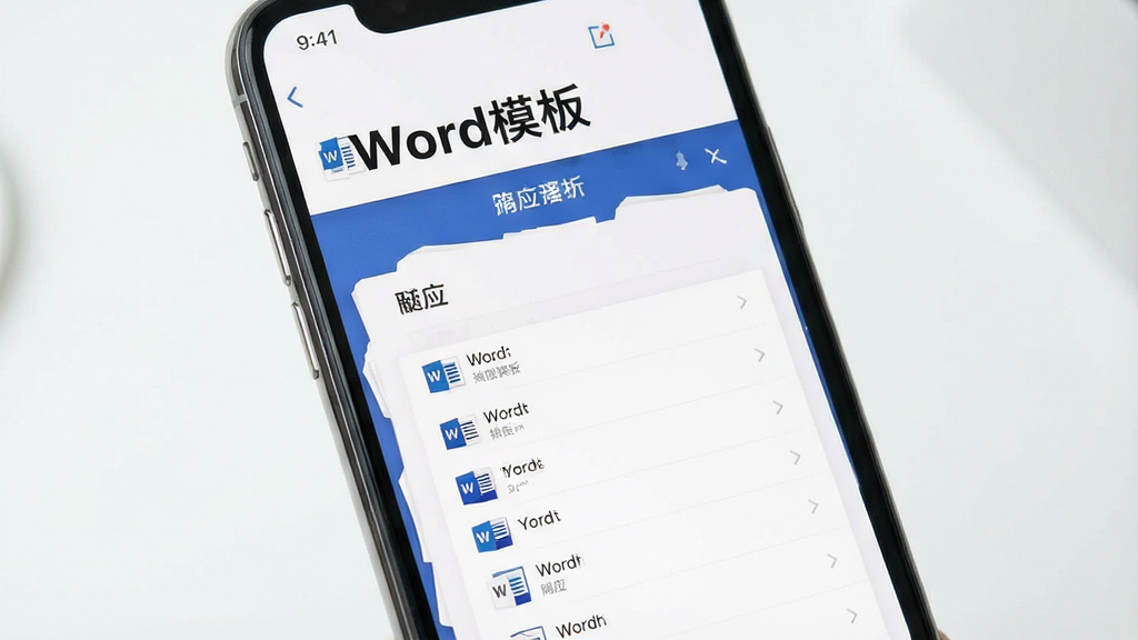一张展示Word模板应用在手机上流畅运行的图片,画面中手机屏幕显示应用列表滑动效果,顶部有“Word模板”字样,界面响应迅速无卡顿,背景简洁,风格清爽,画质干净无多余元素