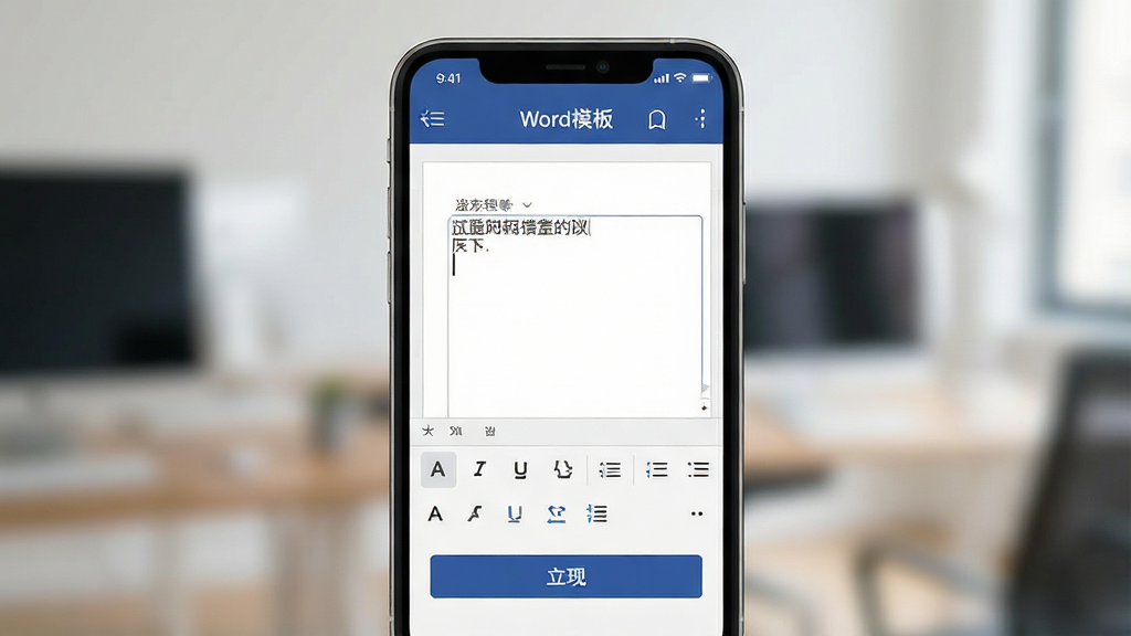 一张展示Word模板应用编辑界面的图片,画面中手机屏幕显示文档编辑区域,顶部有“Word模板”字样,下方有文字输入框和格式工具栏,界面布局清晰,操作按钮明确,风格简洁实用,画质干净无多余元素