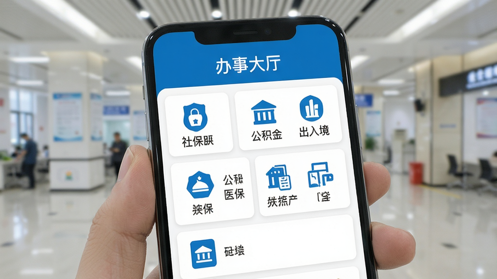 数字南京 政务办事大厅界面 手机屏幕展示 页面顶部写“办事大厅” 下方是分类清晰的列表 包含社保 公积金 医保 出入境等图标 每个图标旁边有文字说明 界面以蓝色和白色为主 风格简洁 画质干净 无多余元素