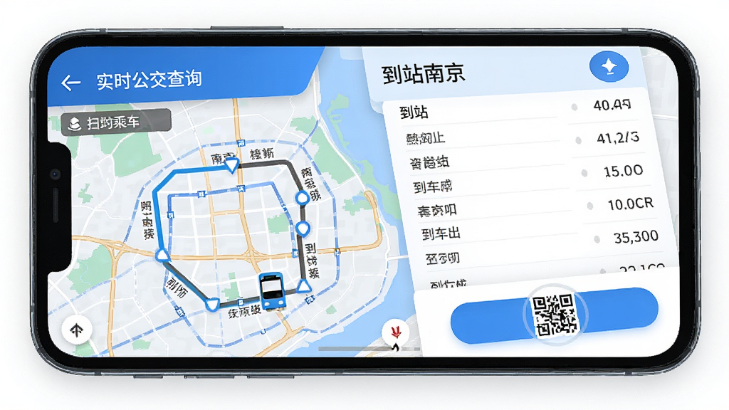 数字南京 实时公交查询界面 手机屏幕展示 地图上显示公交线路和车辆位置 旁边有到站时间列表 界面以蓝色和白色为主 底部有扫码乘车按钮 风格现代 细节清晰 画质干净 无多余元素