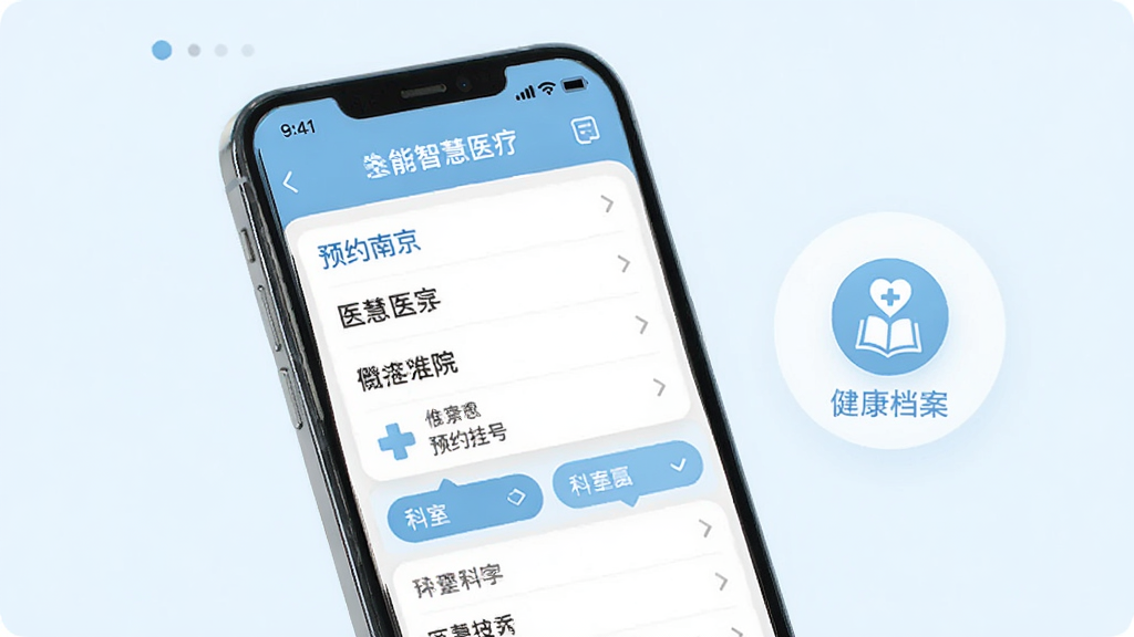 数字南京 智慧医疗界面 手机屏幕展示 预约挂号页面 有医院列表和科室选择 旁边有健康档案图标 界面以白色和浅蓝色为主 风格温馨 细节清晰 画质干净 无多余元素