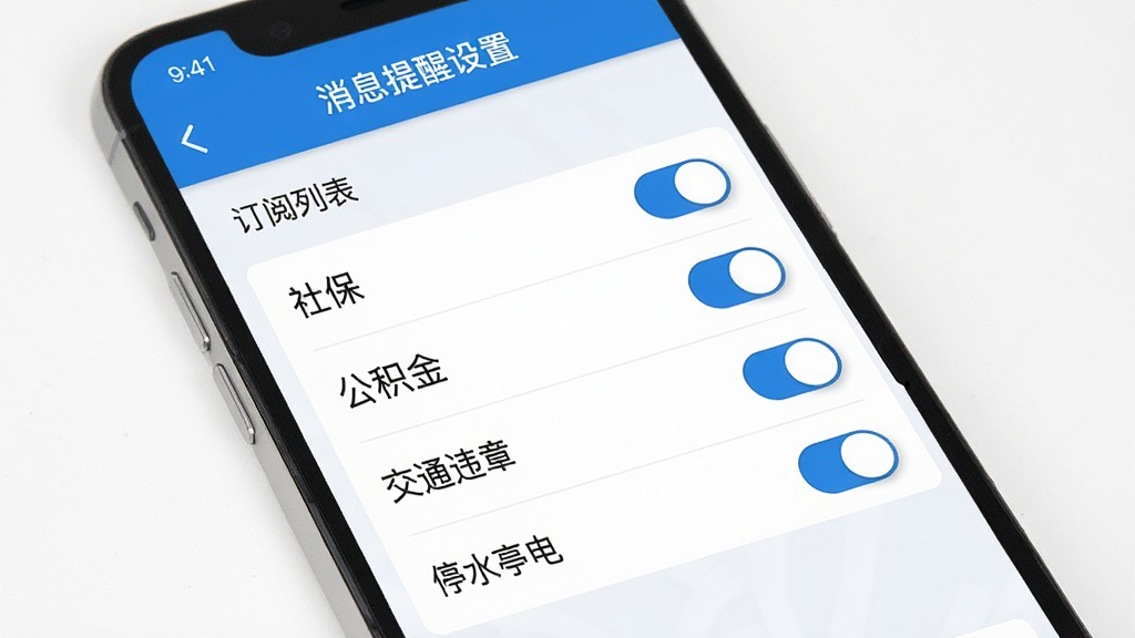 数字南京 消息提醒设置界面 手机屏幕展示 订阅列表 包含社保 公积金 交通违章 停水停电等选项 每个选项旁边有开关按钮 界面以白色和蓝色为主 风格简洁 细节清晰 画质干净 无多余元素