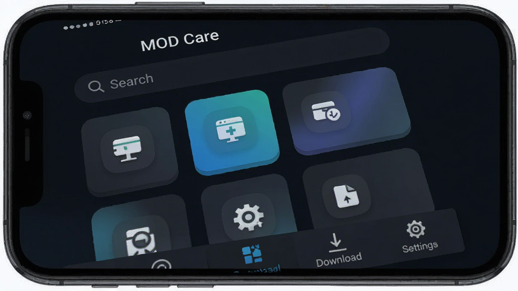 一张手机屏幕展示MOD Care应用主界面,标题写着“MOD Care”,界面以深色科技风为主,顶部是搜索栏,中间卡片式排列着多个模块图标,底部有下载管理和设置选项卡,整体布局清晰,风格简洁现代,画质干净无多余元素