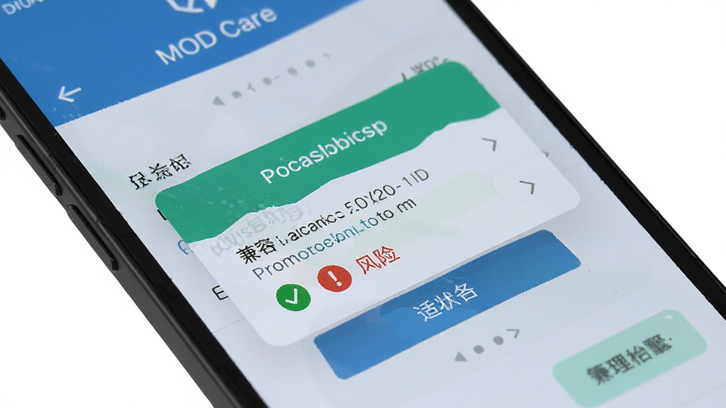 手机屏幕特写,MOD Care界面弹出兼容性检测提示框,显示设备信息与模块适配状态,绿色对勾表示兼容,红色感叹号表示风险,界面风格扁平化,配色清爽,画质干净无多余元素