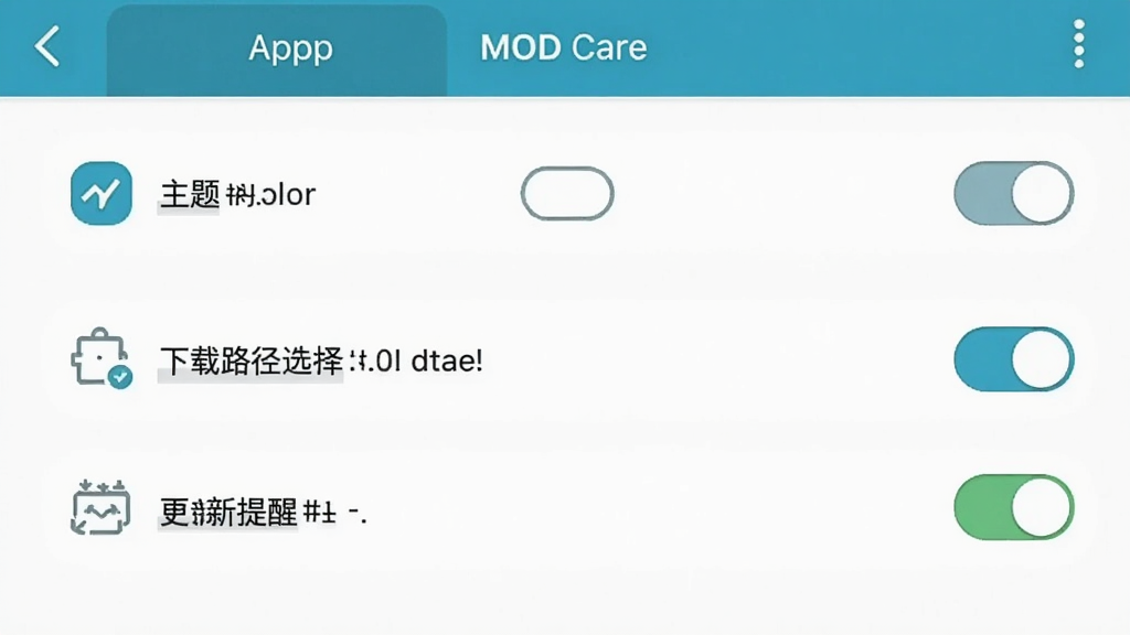 MOD Care应用设置页面截图,展示主题切换、下载路径选择、更新提醒开关等选项,界面排版整齐,图标简约,背景为纯色,整体视觉舒适,画质干净无多余元素