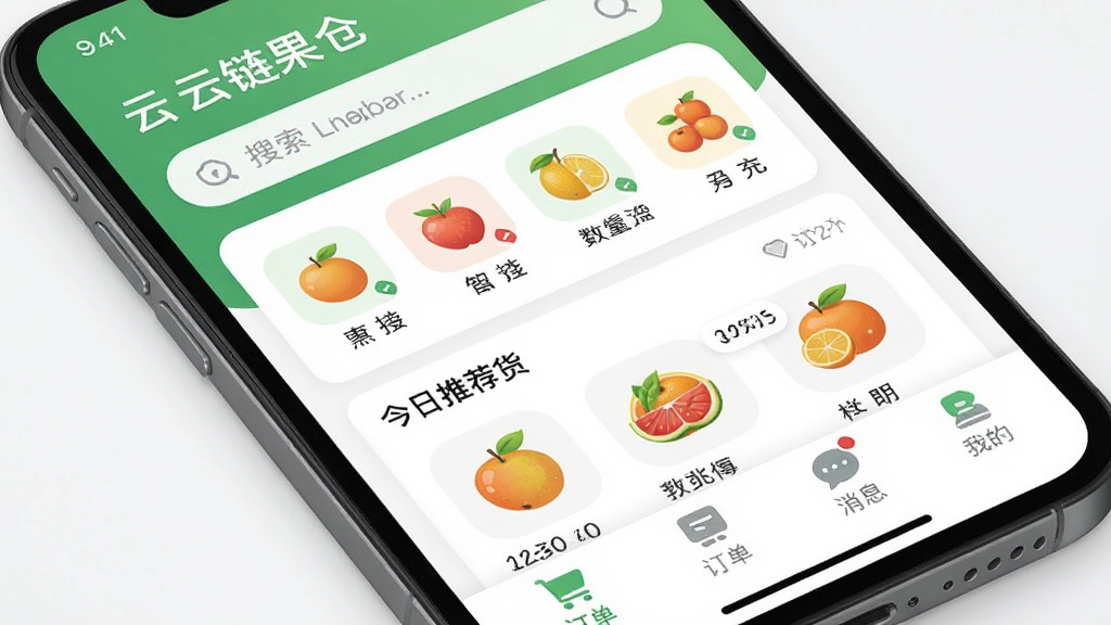 一张展示手机屏幕的图片,屏幕上是“云链果仓”APP的主界面,界面以清新绿色和白色为主色调,顶部是搜索栏,中间是水果品类图标和今日推荐货品列表,底部是订单、消息、我的几个选项卡,画面风格现代扁平,图标圆润,背景干净,画质清晰,无多余元素。