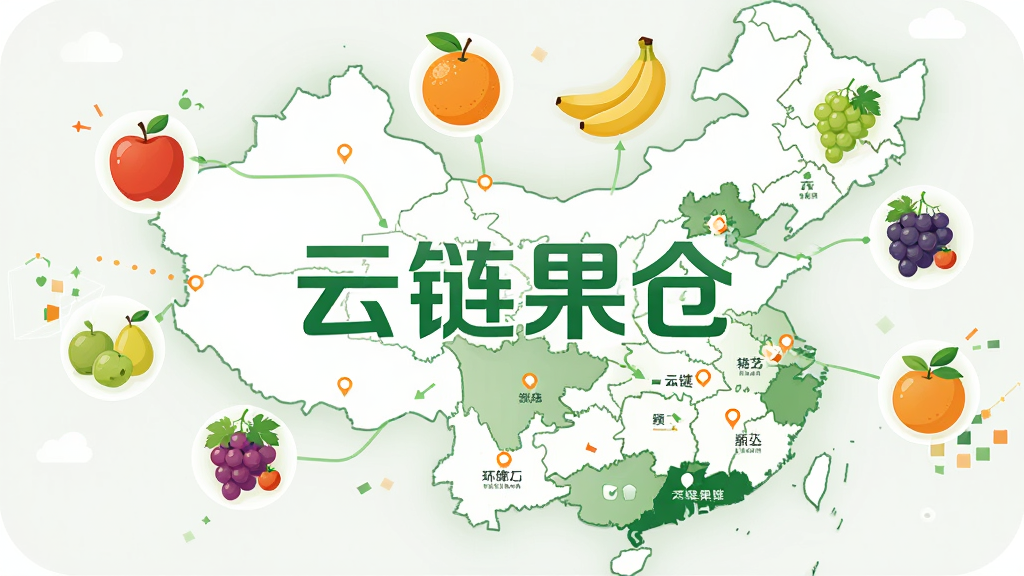 一张信息图表风格的插画,画面中央是“云链果仓”的文字标志,周围有线条连接着苹果、橙子、香蕉、葡萄等水果图标,背景是简洁的中国地图轮廓,地图上标注着几个主要的产地省份,整体风格商务简洁,色调以绿色和橙色为主,画质干净,无多余元素。