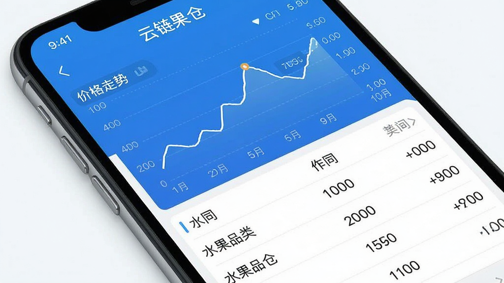 一张手机应用界面截图风格的图片,画面中“云链果仓”的行情页面清晰可见,页面上方是折线图展示价格走势,下方是不同水果品类的价格列表,界面设计简洁,数据图表清晰,整体色调以蓝色和白色为主,画质干净,无多余元素。