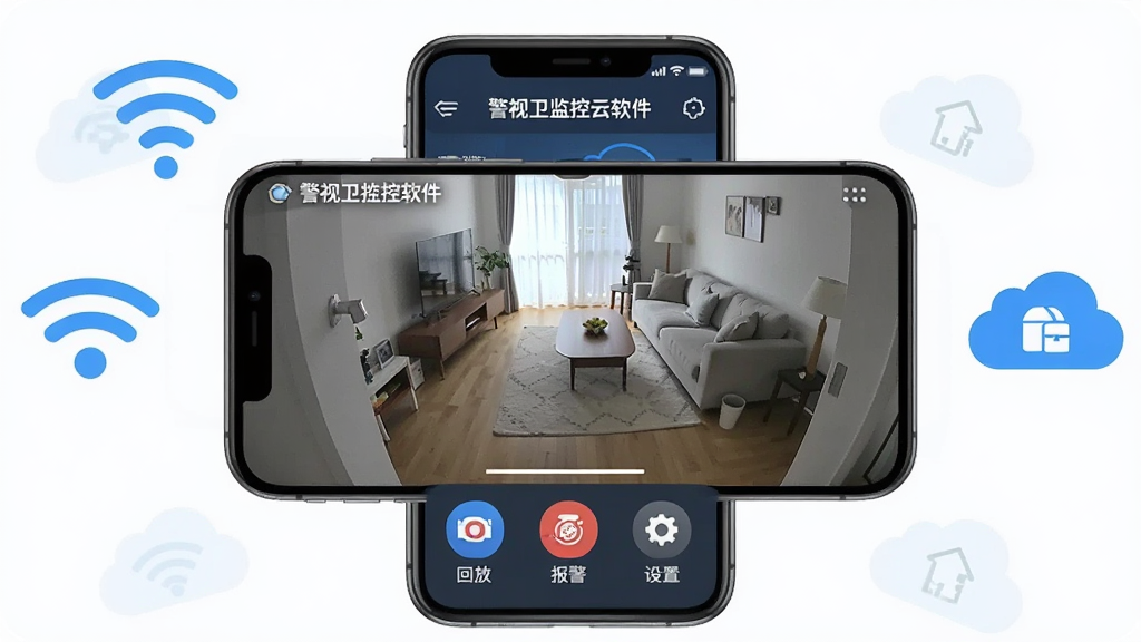 一张展示警视卫监控云软件核心功能的合成图片,画面中央是一部智能手机,手机屏幕显示着监控摄像头实时画面,画面中有客厅场景,屏幕下方有回放、报警、设置等功能图标,手机周围环绕着WiFi信号图标和云存储图标,整体布局简洁明了,风格为现代扁平化科技风,细节干净,画质清晰,无多余元素