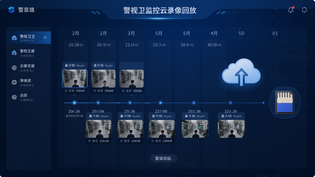 一张展示警视卫监控云录像回放与云端存储功能的AI生图,画面中央是一个日历时间轴界面,时间轴上标注着不同日期的录像片段缩略图,旁边有云朵图标和存储卡图标,背景是深蓝色科技感渐变,布局为左右分栏,风格为现代UI设计展示图,细节清晰,画质干净,无多余元素