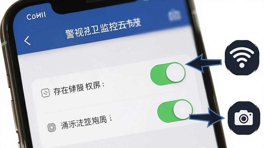 一张展示警视卫监控云安装设置界面的AI生图,画面主体是一个手机屏幕显示权限设置页面,页面上有存储权限和通知权限的开关按钮,旁边有箭头指向WiFi连接图标和摄像头图标,布局为手机界面特写,风格为简洁教程图示风,细节清晰,画质干净,无多余元素