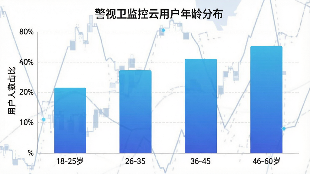 一张展示警视卫监控云用户年龄分布的柱状图,横轴为年龄段18-25岁、26-35岁、36-45岁、46-60岁,纵轴为用户人数占比,柱状图颜色为蓝色渐变,图表标题为“警视卫监控云用户年龄分布”,布局为居中柱状图,风格为简洁数据可视化,细节清晰,画质干净,无多余元素