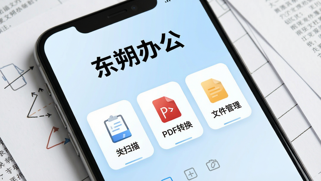 一张手机屏幕特写展示办公软件主界面,界面顶部有“东朔办公”四个字,中间是文档扫描、PDF转换、文件管理三个大图标按钮,背景是淡蓝色渐变,手机周围散落着几张纸质文件,整体风格简洁现代,画质清晰干净无多余元素
