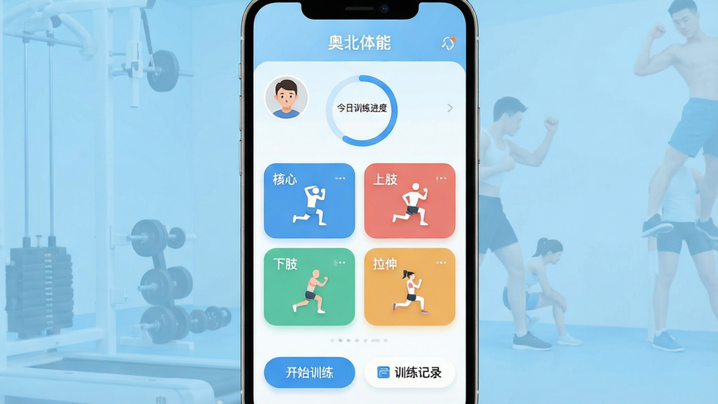 һ���ֻ�Ӧ�ý���չʾͼ�����������ǡ��±����ܡ�App�������棬������ǳ��ɫ�����˶���񣬽����Ϸ���ʾ�û�ͷ��ͽ���ѵ�����Ȼ����м��Ƿ���������ѵ��������Ƭ���������ġ���֫����֫�������ĸ���飬�·��п�ʼѵ����ť��ѵ����¼��ڣ����岼�ָɾ����࣬����ִ���ƽ����ϸ��Բ�󣬻����������޶���Ԫ��