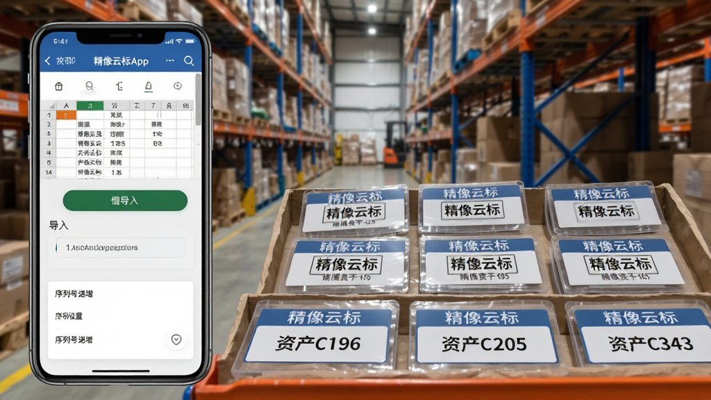精像云标App批量打印设置界面,手机屏幕上显示Excel表格导入按钮和序列号递增设置面板,背景是仓库货架场景,画面中有多个已经打印好的带有“精像云标”标识的线缆标签和资产编号标签整齐排列,风格写实商务,画质干净清晰