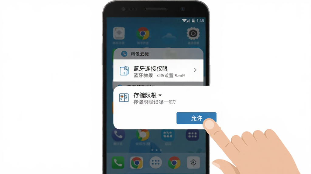 精像云标App在安卓手机上的权限设置界面示意图,画面展示手机屏幕弹出蓝牙连接权限和存储权限请求弹窗,旁边有手指点击“允许”按钮的动作示意,背景是简洁的手机桌面,风格扁平化教学插图,画质清晰干净