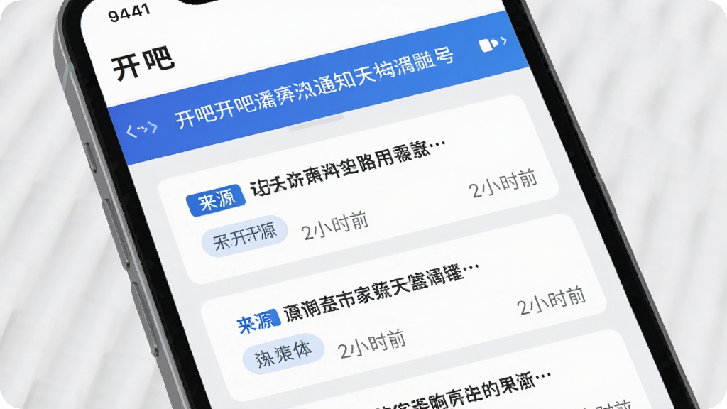 һ���ֻ�����չʾͼ�������С����ɡ�App����Ѷҳ�棬����Ϊ�������֪ͨ���·��ǿ�Ƭʽ��Ѷ�б���ÿ����Ѷ������Դ��ǩ��ʱ�䣬��ɫ�԰�ɫ��ǳ��Ϊ������׺��ɫǿ��ɫ������Լ�ִ������������ɾ�