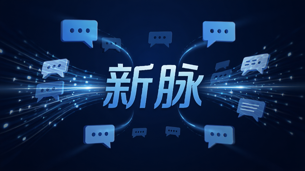 一个抽象的数据传输概念图,画面主体是“新脉”的文字标识,周围有快速流动的光线线条连接多个聊天气泡图标,表示消息在设备之间高速传递,背景是深蓝色渐变,光线为亮蓝色和白色,风格科技感十足,画面干净整洁,无多余元素