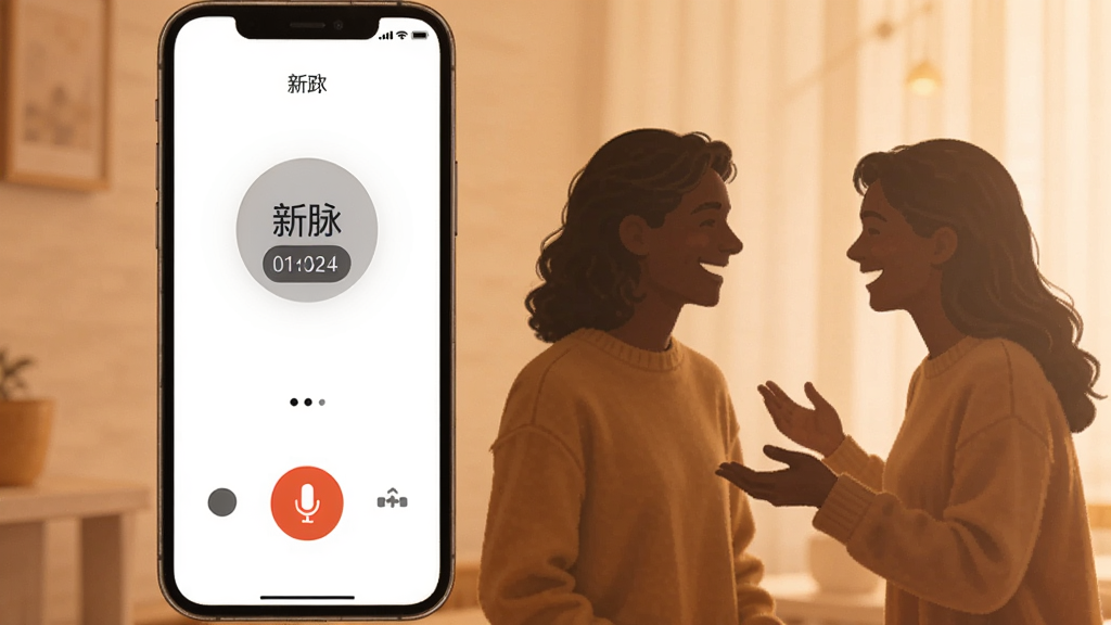 一个展示语音通话功能的场景图,画面中有一部手机,屏幕上显示“新脉”语音通话进行中的界面,有通话时长和麦克风图标,手机旁边有两个人物的剪影正在愉快交谈,背景是温馨的暖色调,风格简约现代,画质干净,无多余元素