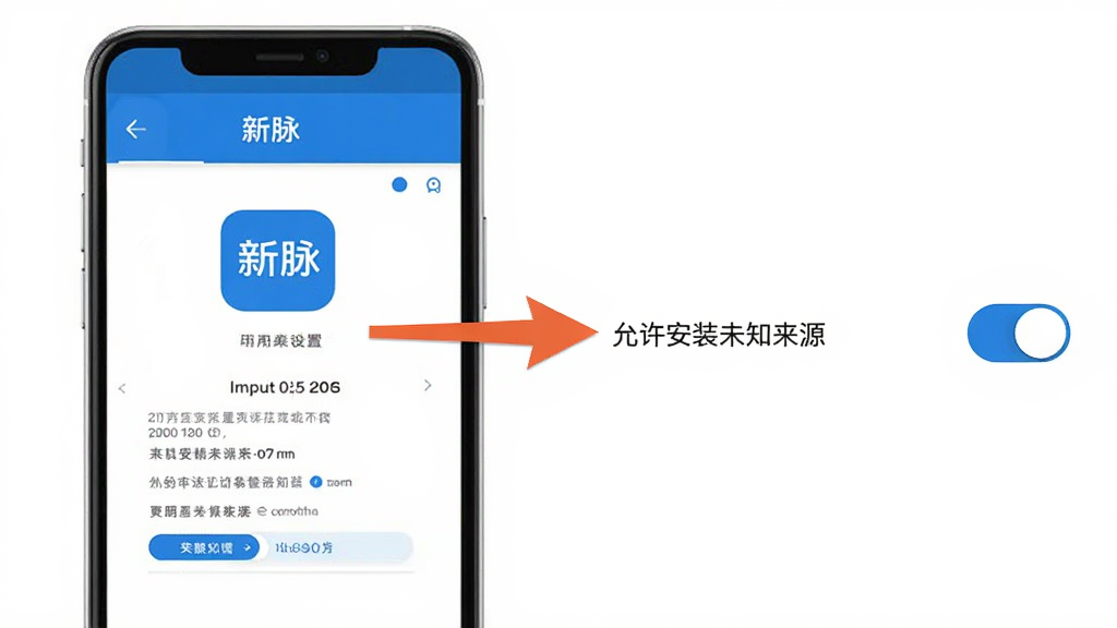 一个手机应用安装设置的界面示意图,画面中有一部手机,屏幕上显示着“新脉”的应用安装界面,旁边有箭头指向“允许安装未知来源”的开关,整体布局清晰,风格简洁明了,蓝白配色,画质干净,无多余元素