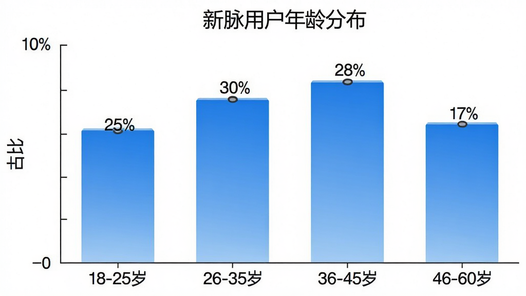 一个柱状图,标题为“新脉用户年龄分布”,横轴标注“18-25岁”“26-35岁”“36-45岁”“46-60岁”,纵轴标注“占比”,柱状图颜色为蓝色渐变,数据分别为“25%”“30%”“28%”“17%”,整体风格简洁清晰,白色背景,无多余元素