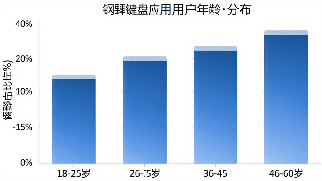 一张柱状图展示钢琴键盘应用的用户年龄分布,横轴为18-25岁、26-35岁、36-45岁、46-60岁四个年龄段,纵轴为用户占比百分比,柱子颜色为蓝色渐变,图表风格简洁现代,背景白色,画质干净无多余元素
