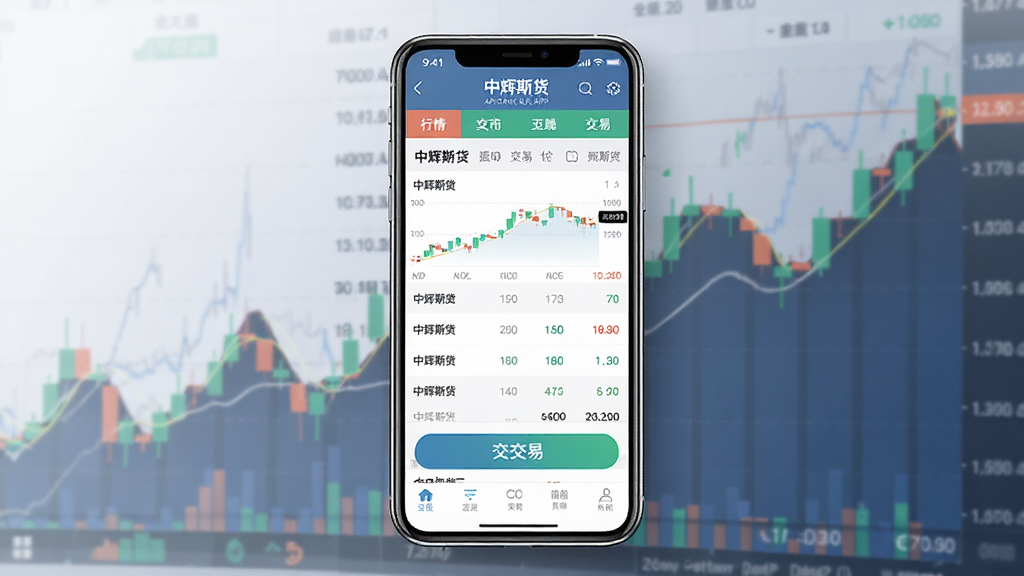 一张展示中辉期货手机应用主界面的图片,画面中央是手机屏幕,屏幕内显示中辉期货APP的行情列表和交易按钮,背景是简洁的金融数据图表,风格现代商务,细节清晰,画质干净无多余元素