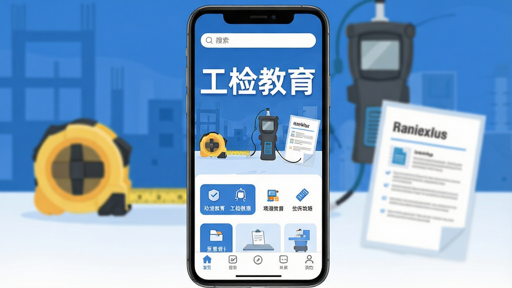 工检教育App主界面全貌展示,手机屏幕中央显示“工检教育”四个大字,背景是简洁的工程检测场景插画,有卷尺、回弹仪、检测报告等元素,界面布局清晰,顶部是搜索栏,中间是功能模块入口,底部是导航栏,整体色调以蓝色和白色为主,风格现代扁平,画质干净清晰,无多余元素