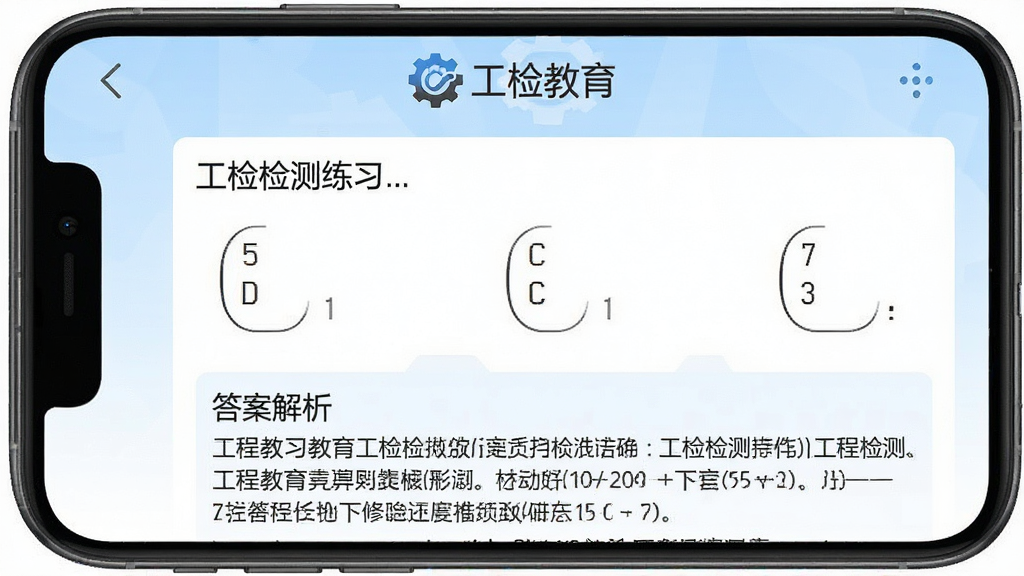 工检教育App题库练习界面,手机屏幕显示一道工程检测选择题,下方有详细的答案解析,界面顶部有“工检教育”Logo,背景是淡蓝色渐变,风格简洁专业,画质清晰,文字锐利,无多余装饰元素