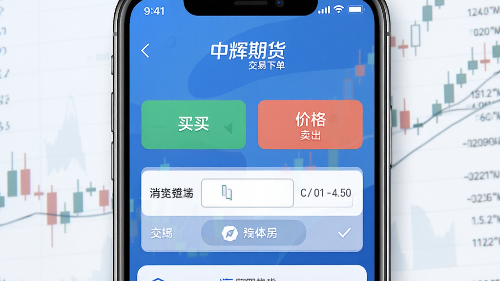 一张展示中辉期货APP交易下单界面的图片,手机屏幕中显示买入卖出按钮和价格输入框,背景是简洁的金融交易风格,细节清晰,画质干净