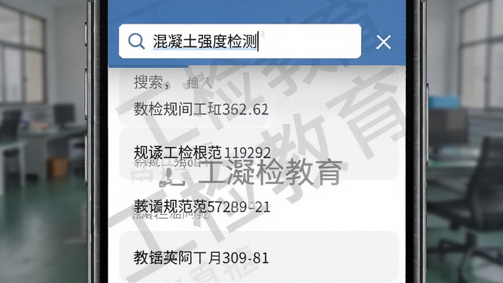 工检教育App规范查询功能展示,手机屏幕显示搜索框和规范列表,搜索框内有“混凝土强度检测”关键词,下方列出相关规范名称和编号,界面带有“工检教育”水印,整体风格严谨专业,蓝灰配色,画质干净