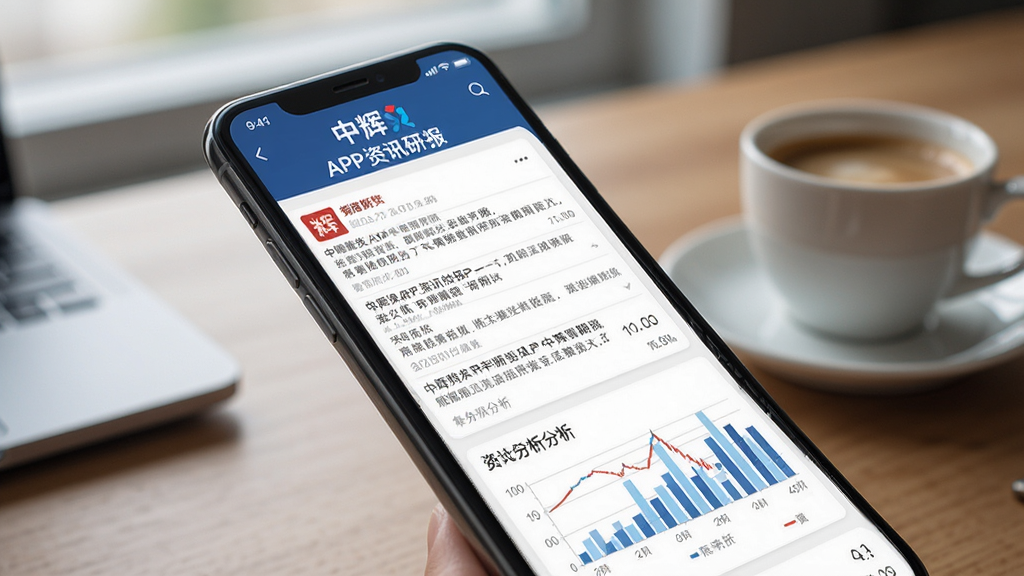 一张展示中辉期货APP资讯研报界面的图片,手机屏幕中显示新闻列表和分析图表,背景是书桌和咖啡杯的办公场景,风格沉稳专业,画质细腻无多余元素