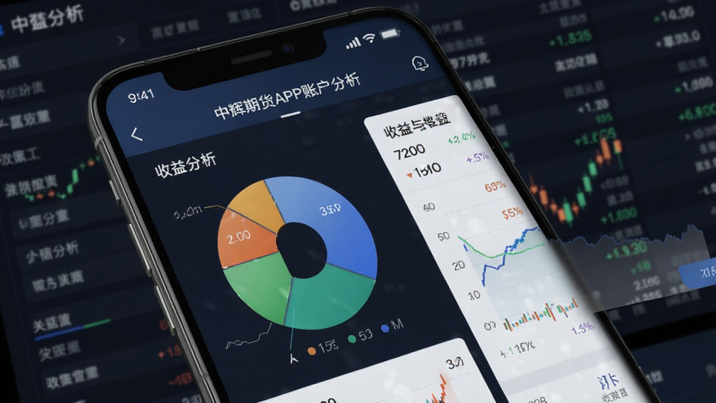 一张展示中辉期货APP账户分析界面的图片,手机屏幕中显示饼状图和收益曲线,背景是深色金融数据面板风格,细节清晰,画质干净