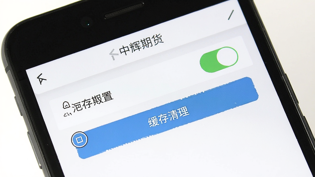 一张展示中辉期货APP设置页面的图片,手机屏幕中显示权限开关和缓存清理按钮,背景是简洁的手机操作界面风格,细节清晰,画质干净无多余元素