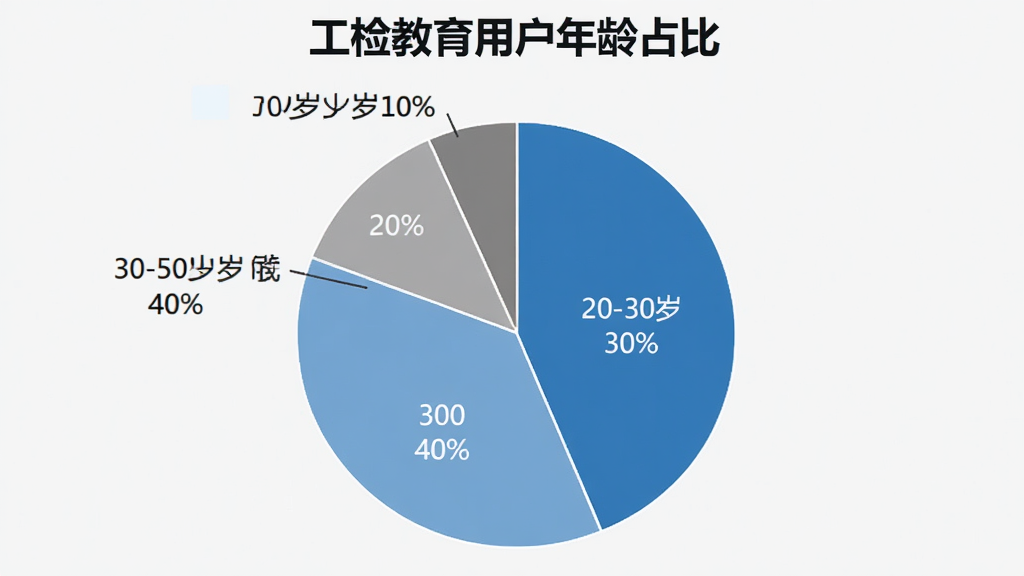 工检教育用户年龄分布饼状图,图表标题为“工检教育用户年龄占比”,数据为20-30岁30%,30-40岁40%,40-50岁20%,50岁以上10%,配色使用蓝色系和灰色系,风格简洁商务,画质清晰,文字标注明确