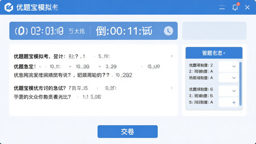 ���ⱦģ�⿼�Խ��棬��ʾ����ʱ�ʹ��⿨����Ŀ�����������ײ��н�����ť��������רҵ��������ɫ����ƽ����ƣ����ʸɾ��޶���װ��