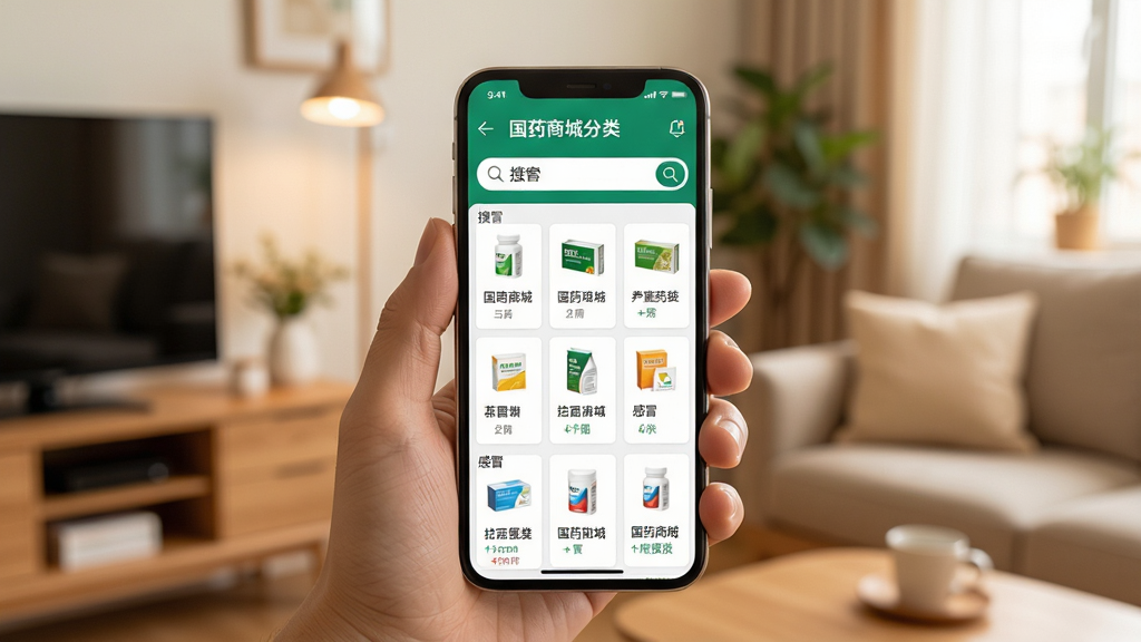 一张展示国药商城分类搜索功能的图片,画面中一只手拿着手机,屏幕上显示着清晰的药品分类网格和搜索框,搜索框里有“感冒”字样,下方列出相关药品,背景是温馨的家居环境,风格生活化,细节清晰,画质干净,无多余元素