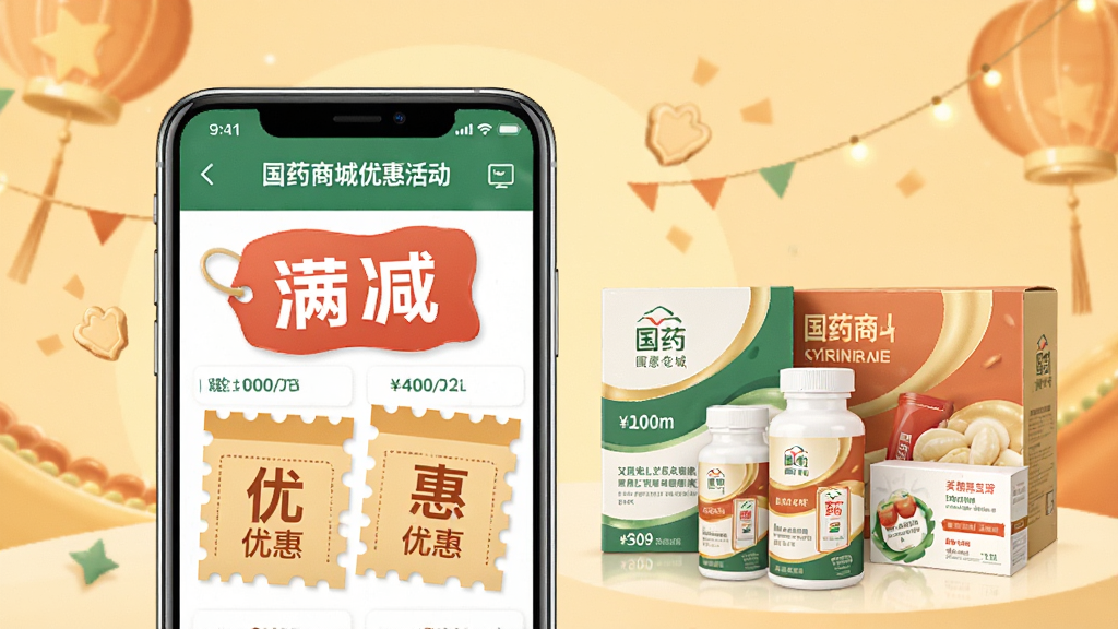 一张展示国药商城优惠活动的图片,画面中是一个手机屏幕,屏幕上显示着满减标签和优惠券图标,旁边有药品组合套装,背景是暖色调的促销氛围,风格亲民,细节清晰,画质干净,无多余元素