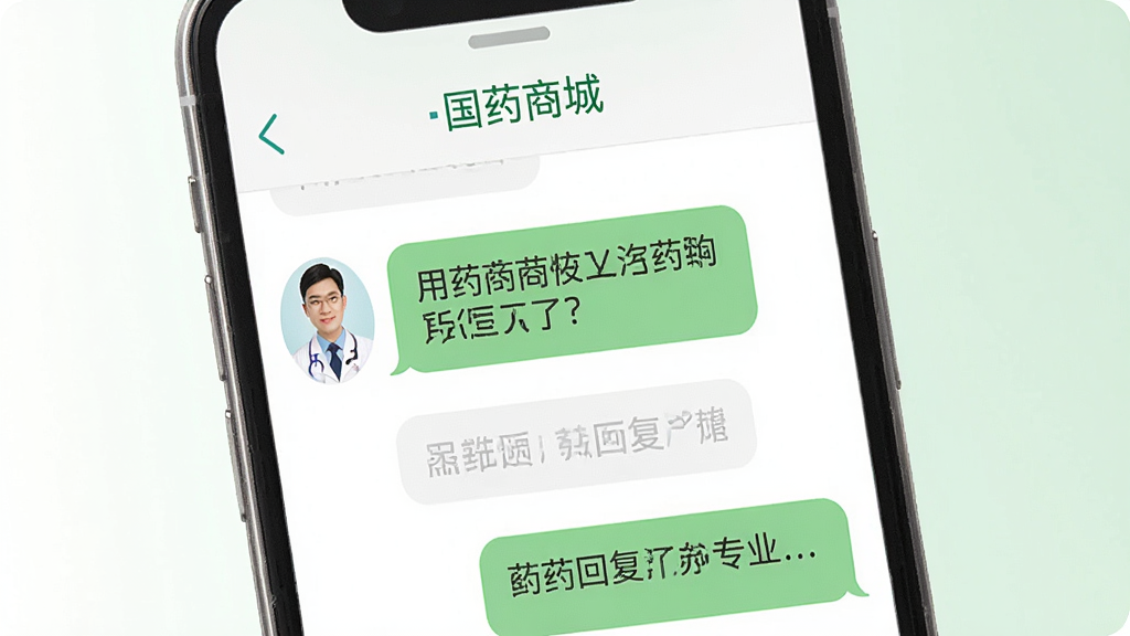 一张展示国药商城在线咨询药师的图片,画面中是一个手机聊天界面,用户正在输入关于用药的问题,对面有药师头像和专业的回复气泡,背景是干净的白色和浅绿色,风格医疗健康,细节清晰,画质干净,无多余元素