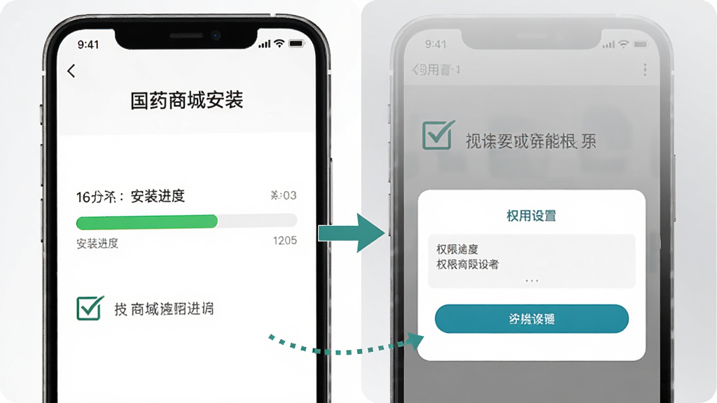 一张展示国药商城安装和使用步骤的图片,画面中是一个手机屏幕,屏幕上显示着安装进度条和权限设置界面,旁边有勾选和箭头指引,背景是干净的白色和浅灰色,风格教程化,细节清晰,画质干净,无多余元素