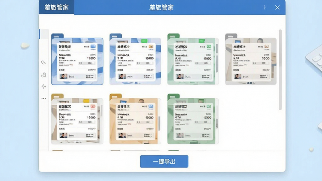 一张“差旅管家”发票归集功能界面截图,屏幕中央显示多张电子发票缩略图被自动分类到不同出差批次文件夹中,底部有“一键导出”按钮,顶部标题栏写着“差旅管家”,背景是干净的浅蓝色桌面,风格清爽,画质干净,无多余元素