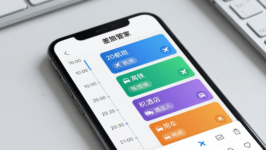 手机屏幕显示“差旅管家”的行程聚合界面,左侧是日历时间轴,右侧是航班、高铁、酒店、用车的彩色卡片,卡片上标注了时间、地点和状态标签,顶部有“差旅管家”字样,背景是淡灰色工作台面,风格简洁商务,画质清晰,无多余元素