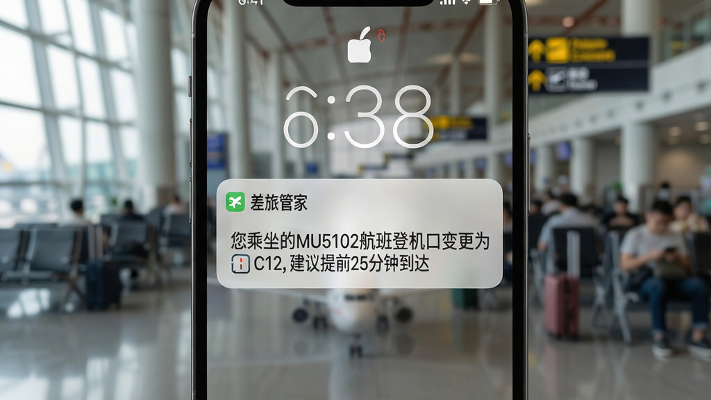 手机锁屏界面显示“差旅管家”推送的行程预警通知,通知卡片上写着“您乘坐的MU5102航班登机口变更为C12,建议提前25分钟到达”,背景是机场候机大厅的虚化画面,风格真实自然,画质清晰,无多余元素