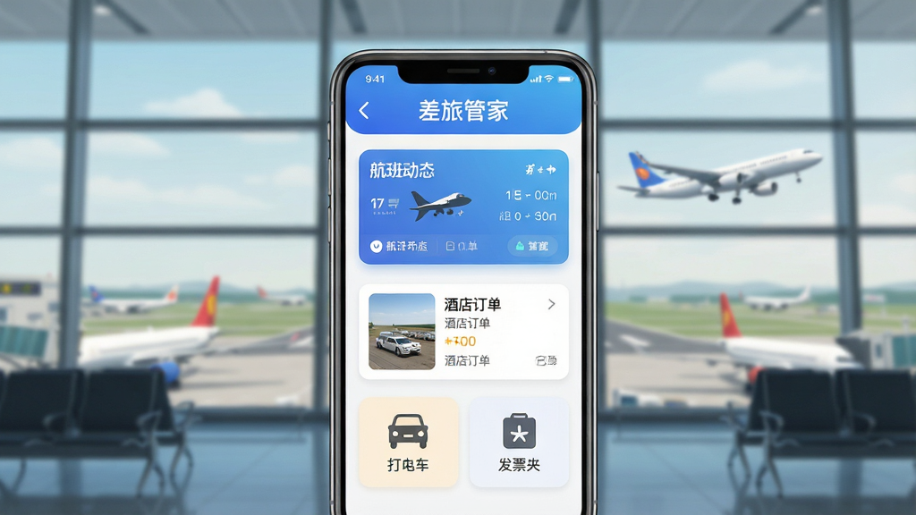 一张展示“差旅管家”App核心界面的手机样机图,画面中央是一部竖屏手机,屏幕内显示“差旅管家”主界面,包含航班动态卡片、酒店订单缩略图、打车入口和发票夹图标,布局清晰,顶部是蓝色渐变标题栏写着“差旅管家”,背景是虚化的机场候机楼落地窗和跑道上起降的飞机,风格现代扁平,细节圆润,画质干净,无多余元素