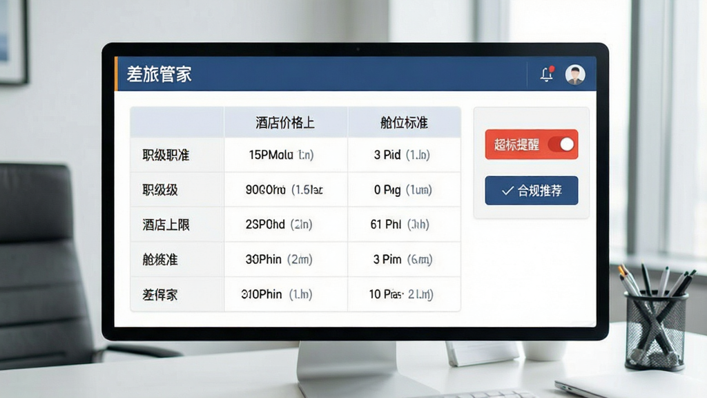 一张展示“差旅管家”企业差旅标准设置界面的截图,屏幕中显示不同职级的酒店价格上限和舱位标准,旁边有“超标提醒”开关和“合规推荐”按钮,顶部写着“差旅管家”,背景是办公室桌面,风格商务简洁,画质干净,无多余元素